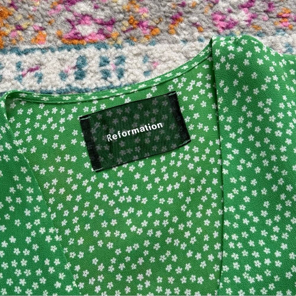 Reformation Dawn Green White Floral Short Sleeve Wrap Mini Dress Women’s Size XS - Picture 8 of 9
